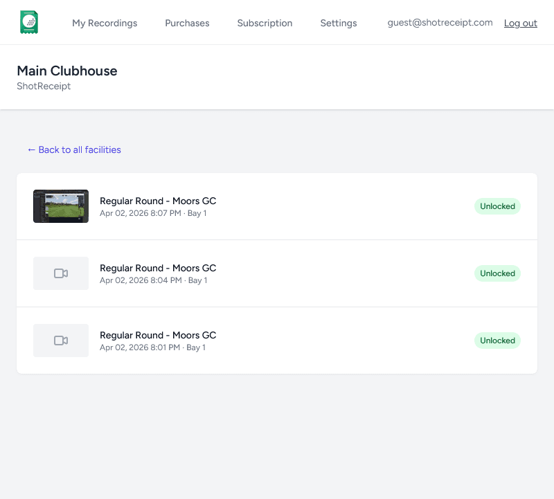 ShotReceipt guest portal dashboard showing recording thumbnails, round history, and facility branding