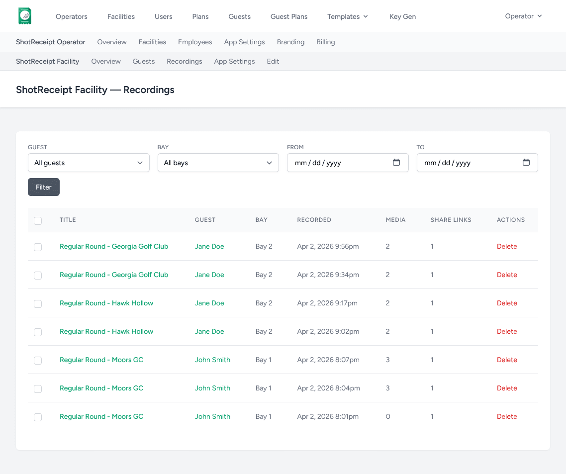 ShotReceipt facility dashboard showing bay status cards, recent recordings, guest list, and usage meters