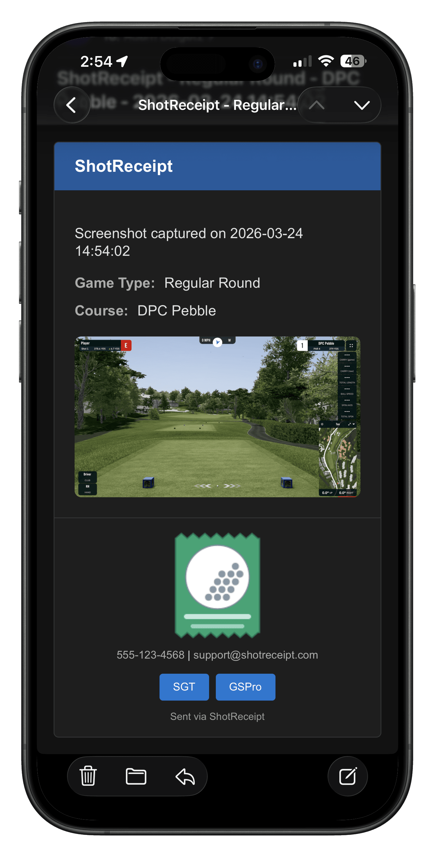 Branded HTML email received on a phone showing golf simulator screenshot, course name, player name, and facility logo