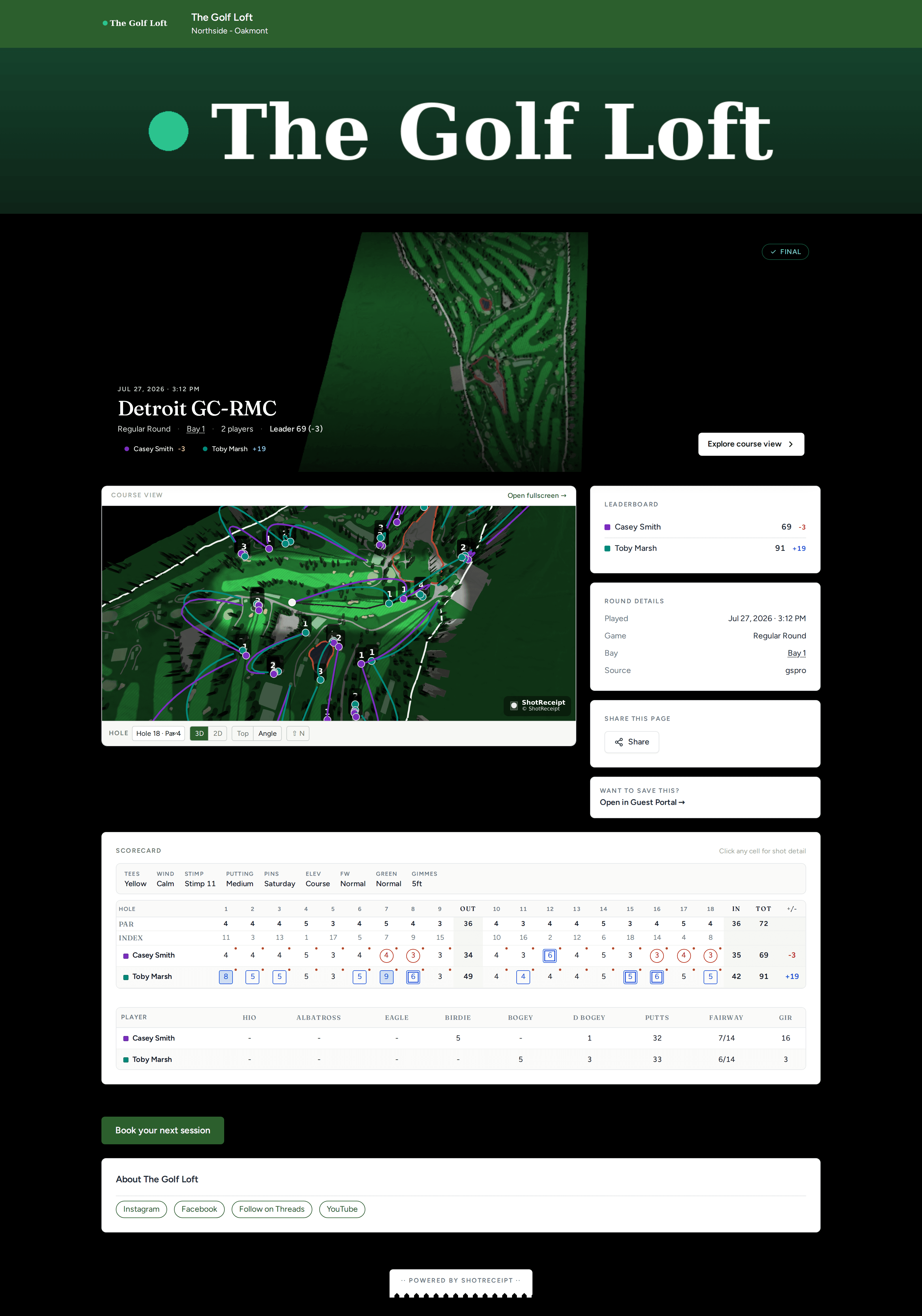 A full venue-branded share page: the venue's name across the header, the round and 3D course view, the scorecard, a book-again button, and the venue's social links