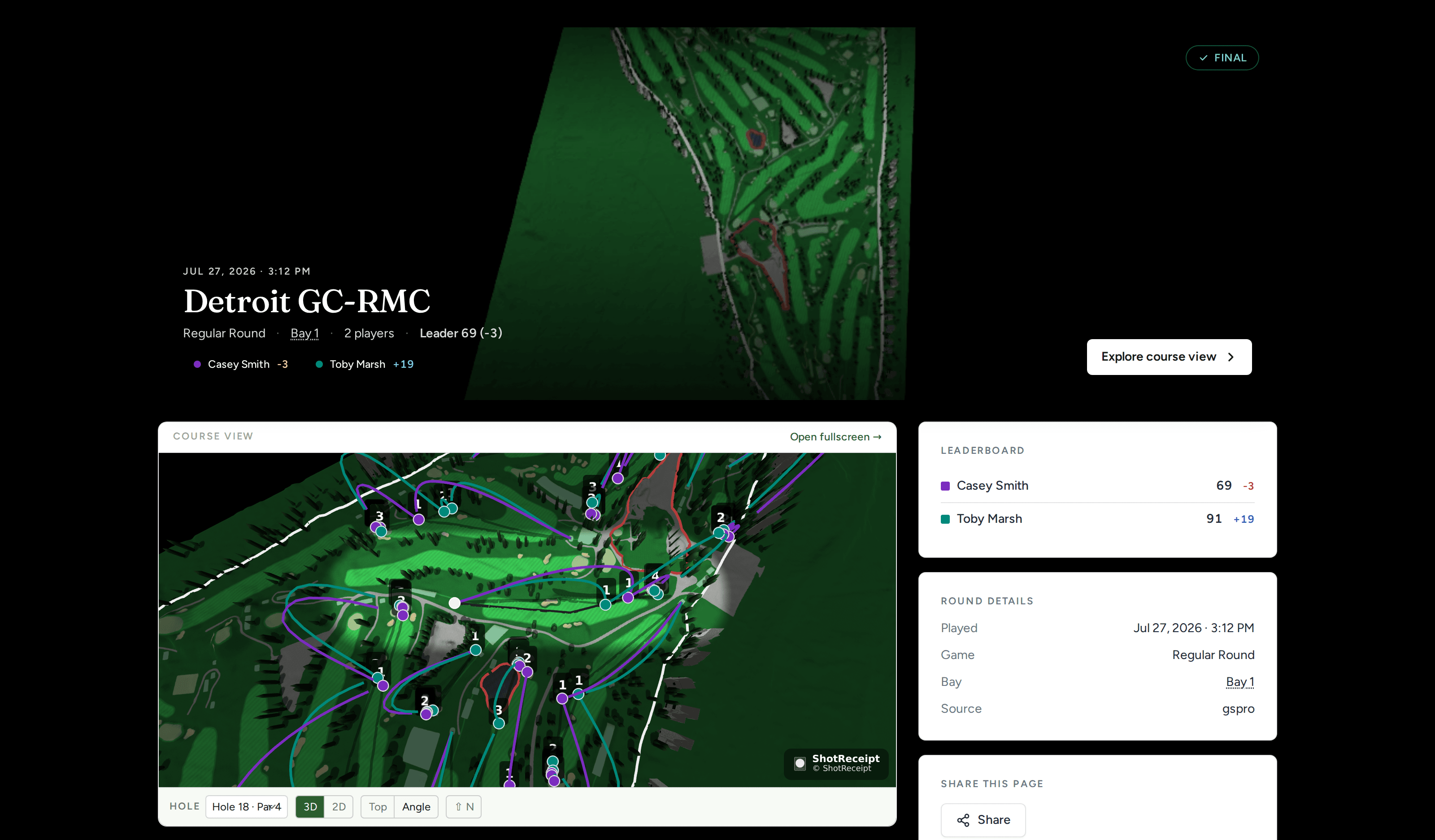 A finished round on a venue-branded share page: the course, and a 3D render with every shot traced on the hole