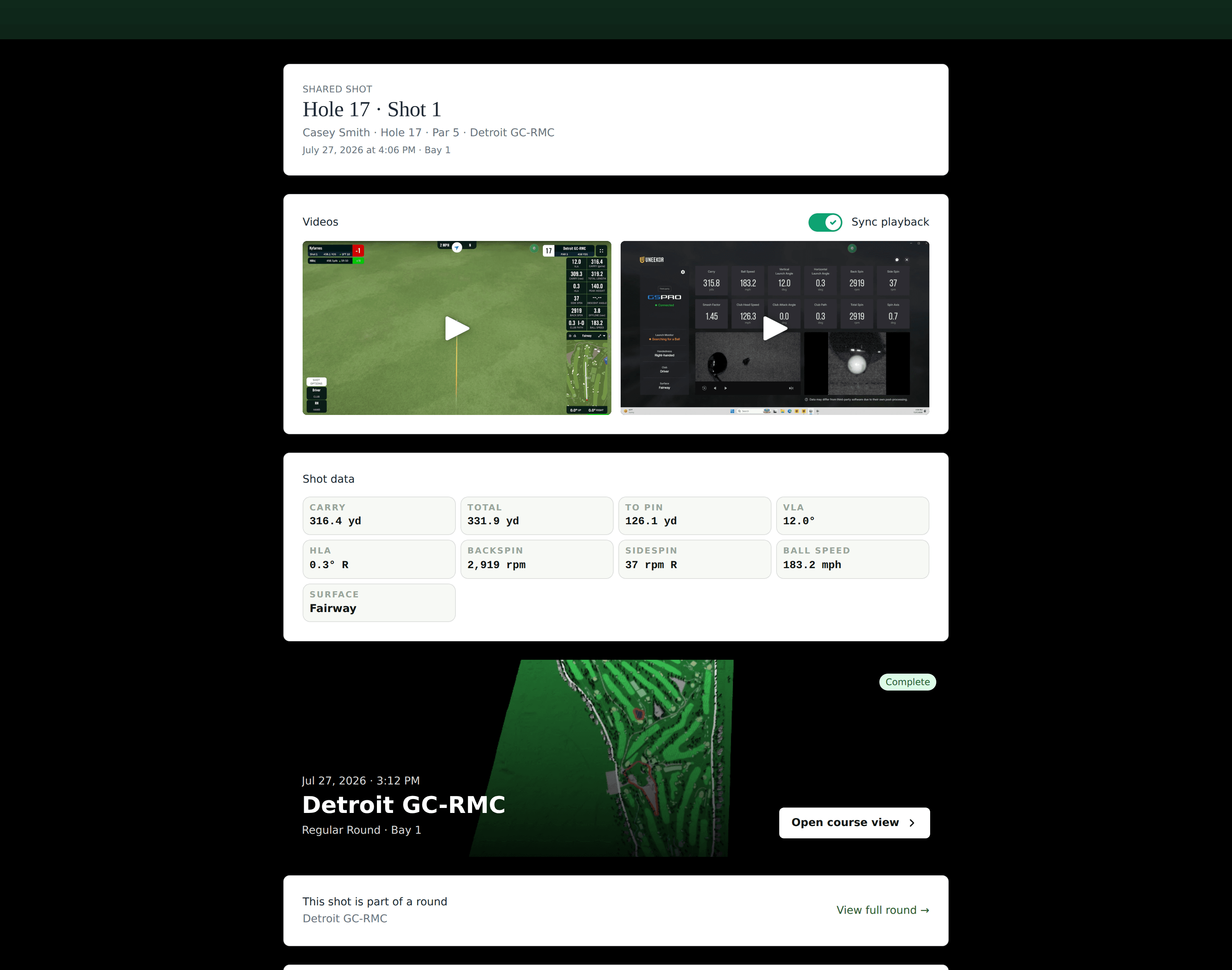 A shared shot: the simulator-screen clip beside the launch-monitor clip, and the shot data