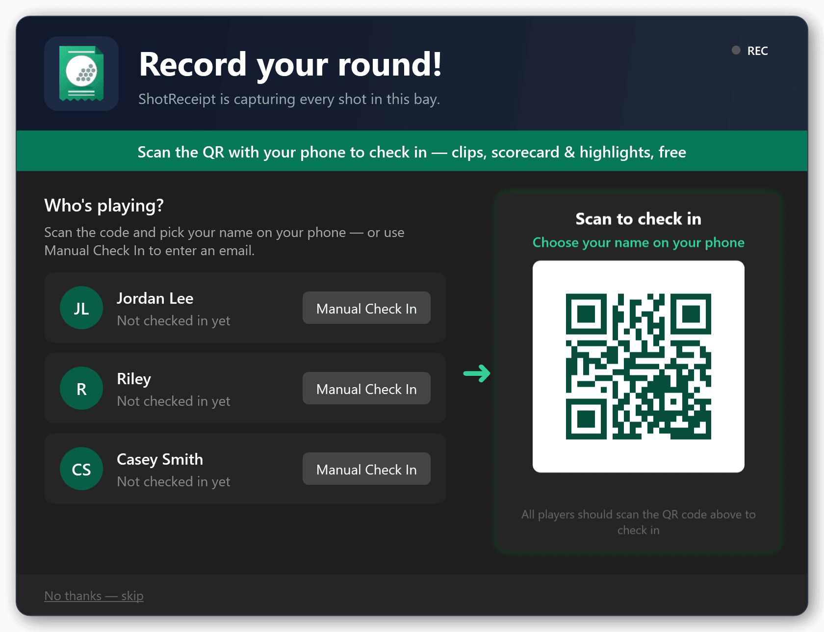 The round check-in screen: guests scan one shared QR code and tap which player they are