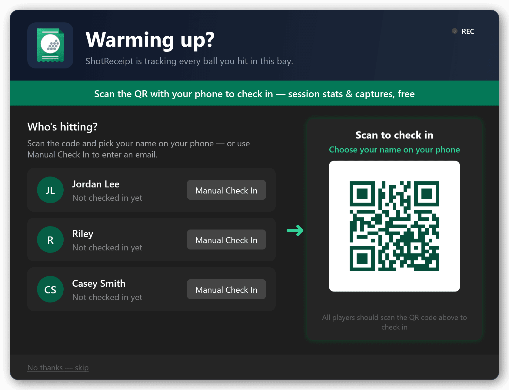 The range check-in screen: who's hitting, a QR to scan, and a skip link