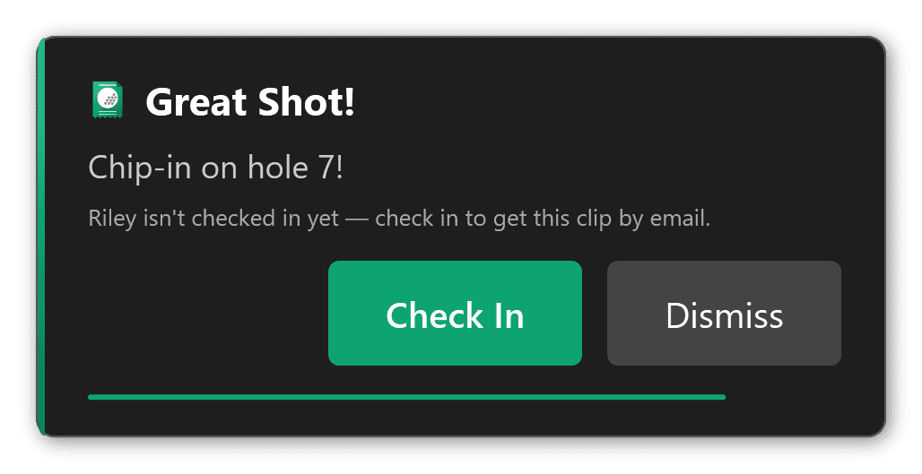 A notable-shot notification reading "Great Shot! Chip-in on hole 7" with Check In and Dismiss buttons