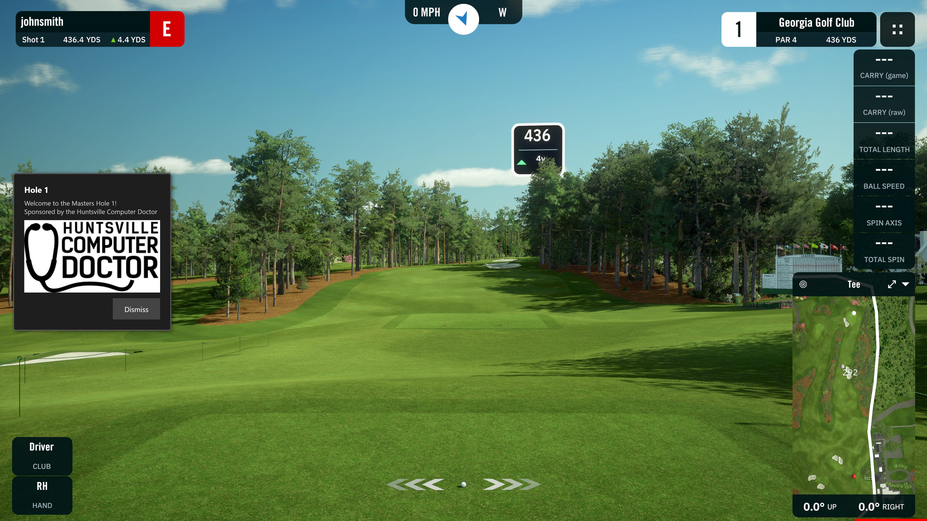 A GSPro tee shot on hole 1 with a sponsor panel: a welcome message and the sponsor's logo